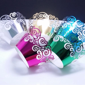 Hollow vine pattern laser cut cupcake wrappers in various metallic mirror colors
