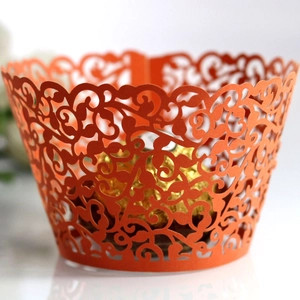 Elegant laser-cut orange vine pattern cake wrapper for cupcake and dessert decoration