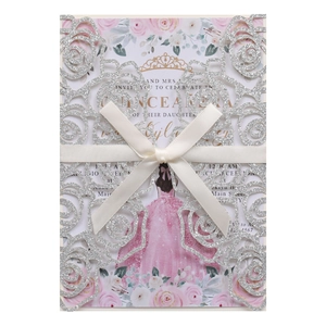 Detailed laser cut rose glitter wedding invitation with cream ribbon and flower inner card