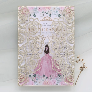 Detail of laser-cut rose hollow invitation with gold butterfly and floral printing