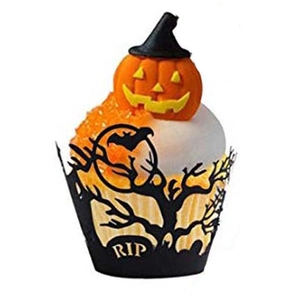 Detail of Halloween cupcake wrapper with laser-cut RIP design and pumpkin witch topper