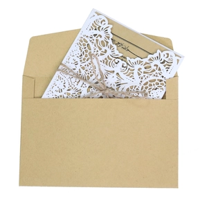 European laser cut wedding invitation with white lace envelope and kraft paper insert card