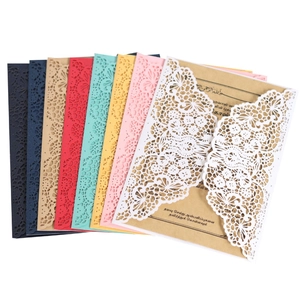 European laser cut lace invitation card set in various colors with kraft paper inserts