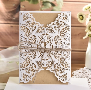 European Laser Hollow Wedding Invitation Lace Floral Artificial Pearl Paper Card Kraft Inner Page Hemp Rope For Engagement Ceremony