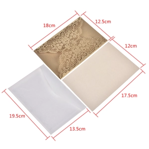 Detailed view of 3-piece laser cut lace wedding invitation set with dimensions
