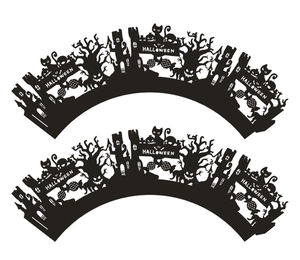 Laser cut Halloween cupcake wrappers with black castle and pumpkin silhouette designs