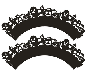 Detailed laser-cut silhouette of black Halloween cupcake wrappers with pumpkins and ghosts