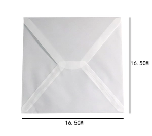Square translucent vellum envelope measuring 16.5x16.5cm for elegant wedding invitations