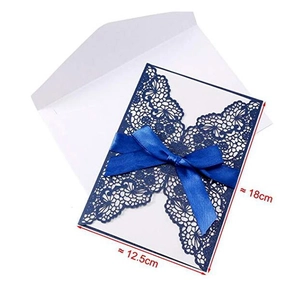 Navy blue laser-cut invitation with ribbon bow and white envelope, 18cm x 12.5cm size