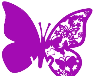 Laser cut purple butterfly place card with intricate floral hollow patterns and 3D design
