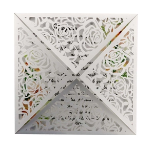 Laser cut rose hollow square wedding invitation suite in premium white paper material