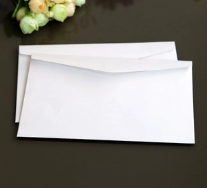 Close-up of white translucent vellum envelopes on a dark desk with dried flowers