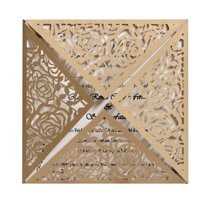 Laser-cut black hollow rose wedding invitation card in square kraft paper style