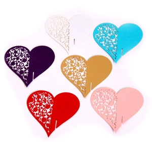 Laser cut heart shaped place cards in multiple colors for wedding wine glass decoration