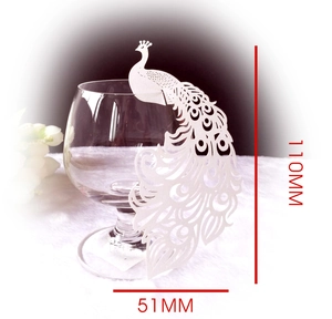 Laser cut peacock place card for wedding glass decoration measuring 110mm by 51mm