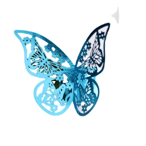 3D laser-cut blue butterfly napkin ring with reflective finish and floral hollow pattern