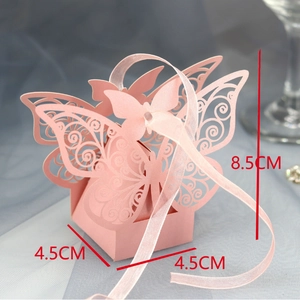 Pink laser-cut butterfly wedding favor box with organza ribbon, 4.5x4.5x8.5cm size