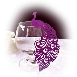 Laser-cut purple peacock wine glass card for wedding and party table decorations