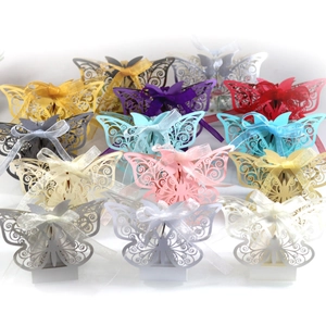 Laser cut butterfly favor boxes with satin bows for weddings in multiple colors