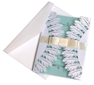 White laser cut feather invitation set with light blue insert and silk ribbon bow