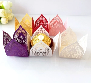 Laser-cut hollow candy wrappers in multiple colors for wedding chocolate packaging