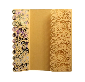 Golden laser-cut wedding invitation card with intricate floral lace and tri-fold design