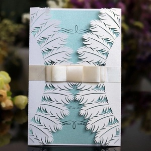 Elegant Laser Cut Feather Wedding Invitation Cards With Ribbon Bow Pearlescent Paper Greeting Cards For Bridal Shower
