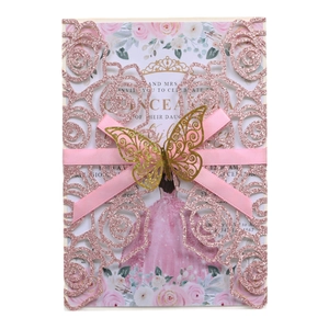 Pink glitter laser cut rose wedding invitation with golden butterfly and ribbon detail