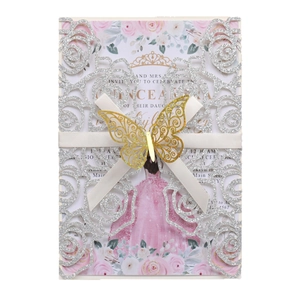 Glitter paper laser cut rose wedding invitation with golden butterfly and ribbon decor