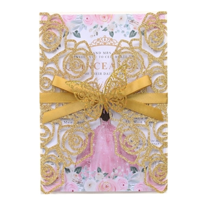 Glitter laser-cut Quinceañera invitation with rose pattern and gold butterfly ribbon