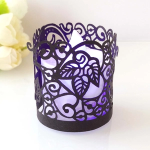Black leaf laser-cut LED candle holder with purple light for festival party decor