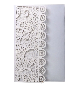 Elegant laser-cut floral wedding invitation card in white lace with light blue background