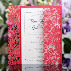 Laser cut red lace wedding invitations with floral pattern and white insert card