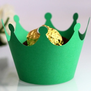 Green crown laser-cut paper cupcake wrappers and liners for elegant party dessert decor
