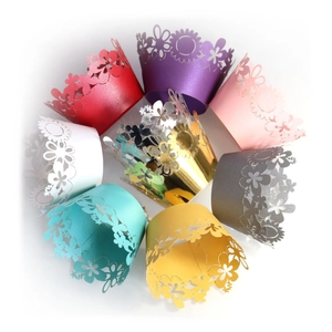 Sunflower laser cut cupcake wrappers in multiple pearlescent colors for dessert display