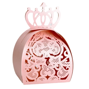 Pink laser-cut crown paper candy box with heart pattern for wedding gift packaging