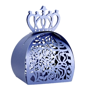 Deep purple laser cut crown favor box with intricate rose patterns for wedding candy