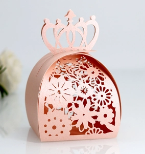 Pink pearlescent crown hollow candy box with floral laser cut patterns for weddings