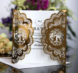 Laser cut wedding invitation with golden hollow love birds and white inner card set