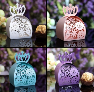 Laser-cut crown wedding favor boxes in white, pink, blue, and purple set of 4 colors