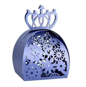 Navy blue pearlized crown gift box with laser-cut floral patterns for wedding favors