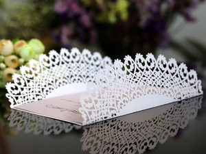 Detail of laser cut lace invitation with pink insert and elegant butterfly design