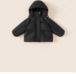 Detailed flat lay of a black hooded winter down jacket for girls with metal snap buttons