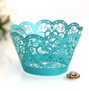 Laser cut heart cupcake wrapper in tiffany blue for elegant wedding party decorations