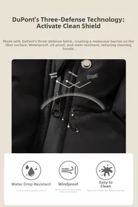 Detail of waterproof, oil-proof and stain-resistant fabric on black kids down jacket