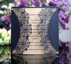Detail showing laser-cut spider web design on blue cardstock with kraft paper insert