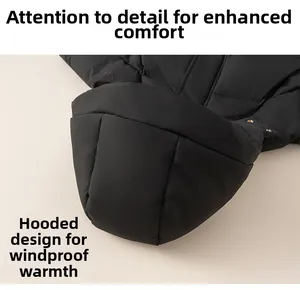 Close-up detail of hooded design on black winter down jacket with windproof fabric