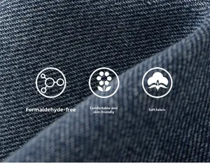 Close-up of skin-friendly dark blue denim fabric texture with soft touch and high density