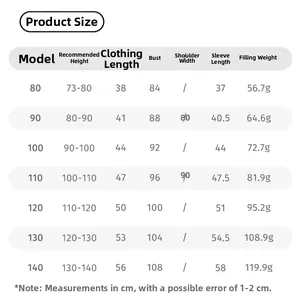 Detailed size chart for children hooded down jacket including length and down content