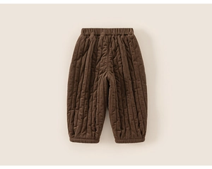 Detailed view of dark brown quilted winter trousers for toddlers with vertical stripe texture